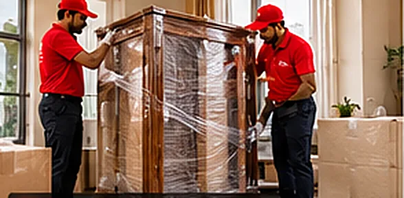 Movers stretch-wrapping a wooden cabinet