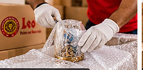 Gloved hands wrapping a glass vase in bubble wrap