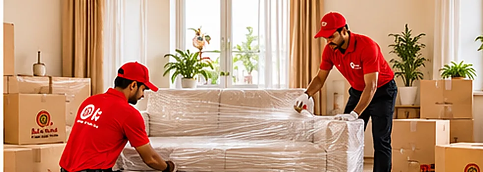 Packers wrapping a sofa in stretch film during household shifting in Mumbai