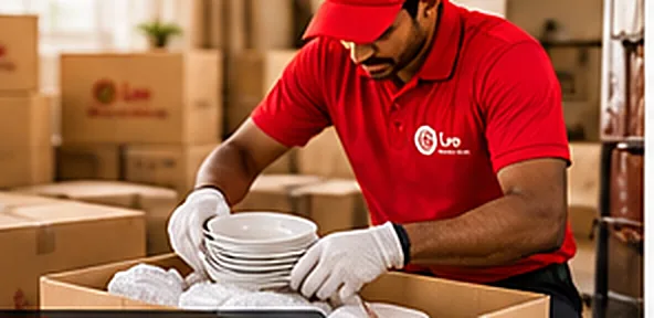 Packer placing wrapped dinner plates in a carton