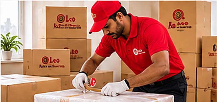 Packer sealing a carton with tape during home packing