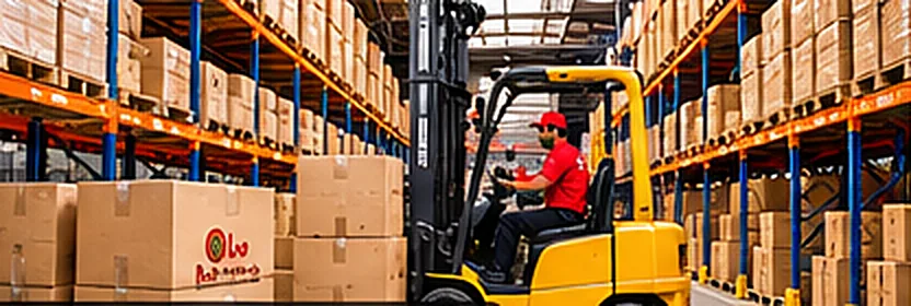 Forklift moving packed cartons in a storage warehouse